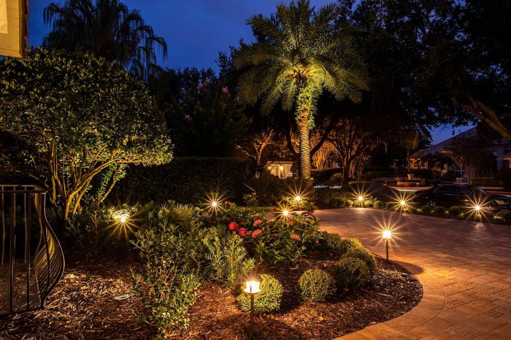Beautifully landscaped garden with pathway lighting illuminating plants and trees at night.
